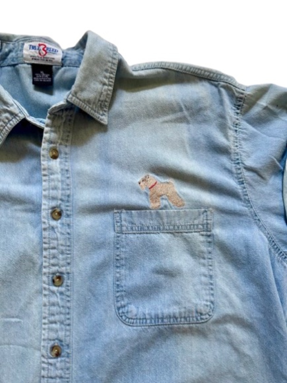 TRUE BREED VINTAGE Denim Button-Down Shirt w/ Embroidered Wheaten Terrier Dog XL